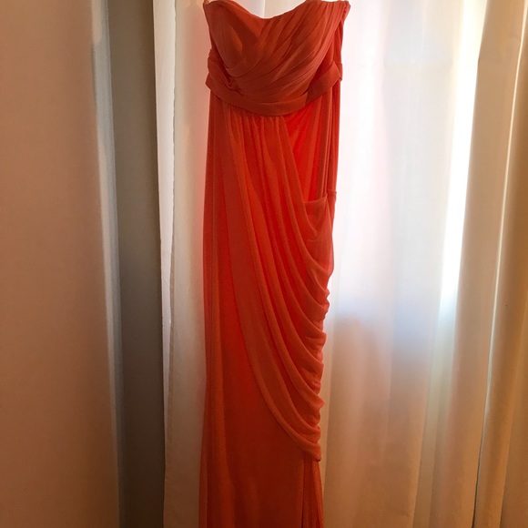 David’s Bridal Long Mesh Bridesmaid Dress (Coral) - Picture 3 of 6